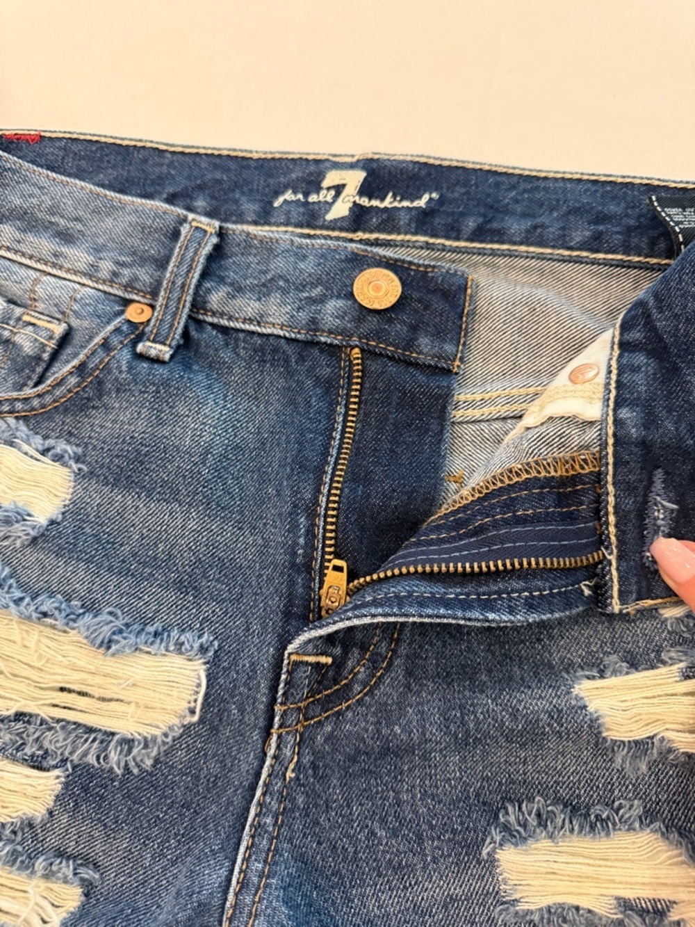 7 For All Mankind Distressed Dark Blue Denim Shorts - Picture 3 of 11